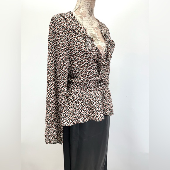 MAX STUDIO Black pink white floral print surplice tie waist top size L - Picture 7 of 13